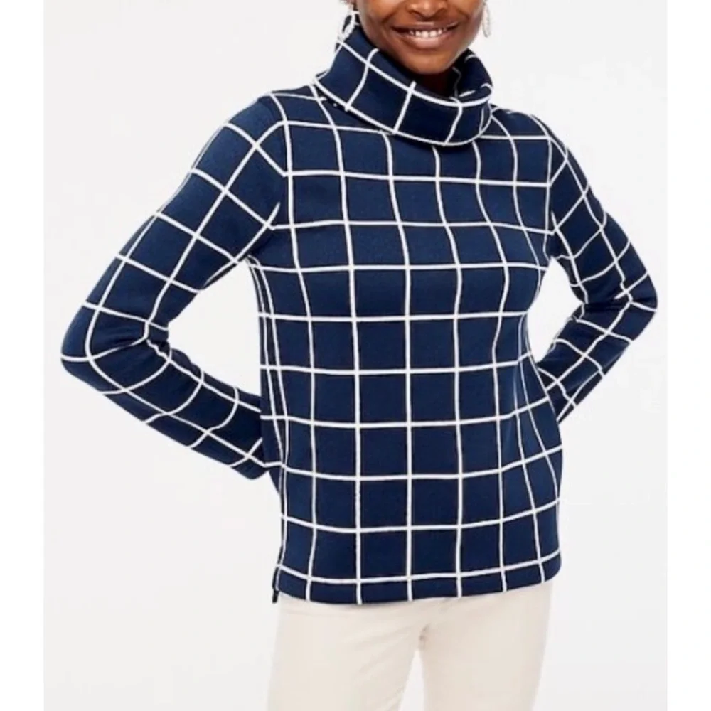 J. CREW • Blue/White Square Grid Windowpane Long Sleeve Turtleneck Sweater, L - Picture 15 of 15